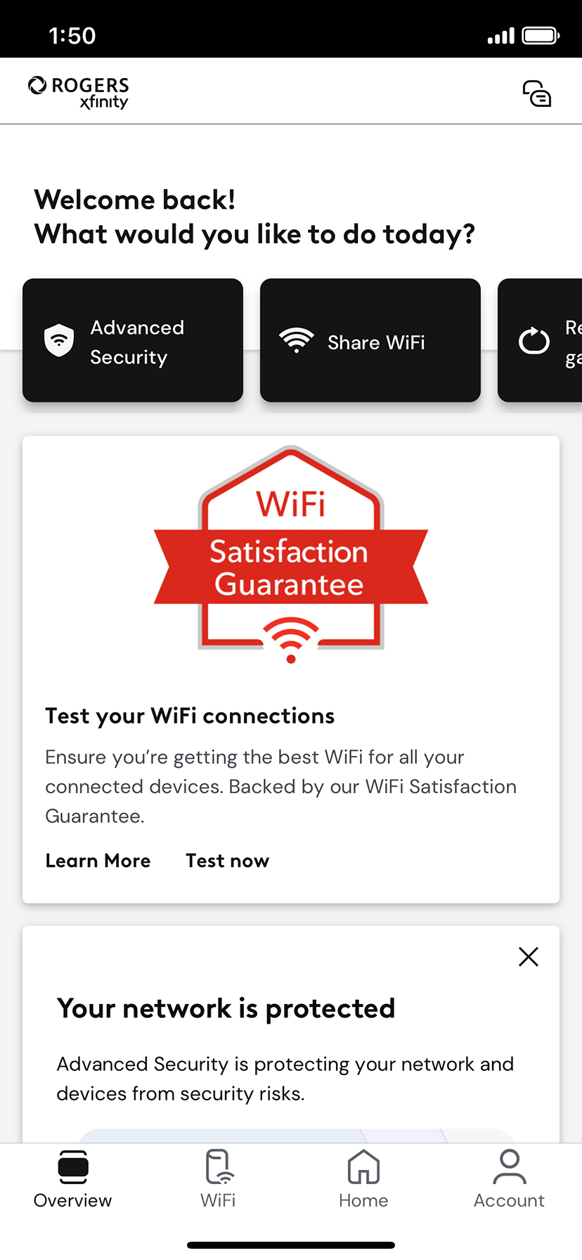 From the Rogers Xfinity app main screen, tap WiFi.